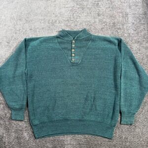Alps Apparel Men Large Teal Green Cotton Knit Henley Sweater Made in USA Vintage
